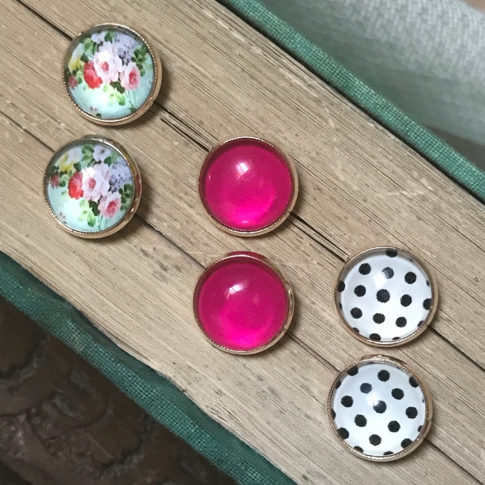 3 Pairs Glass Stud Earrings Nickel Free Polka Dot